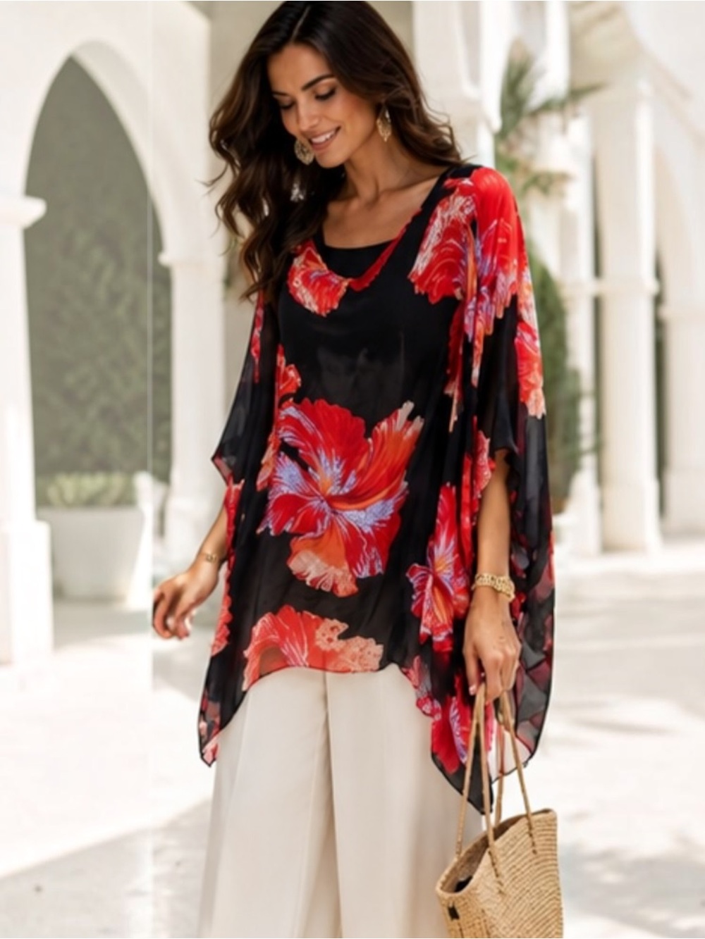 Lace The Label Silk Floral Sheer Poncho Lined Black Tank Tunic Kimono Top L-XL